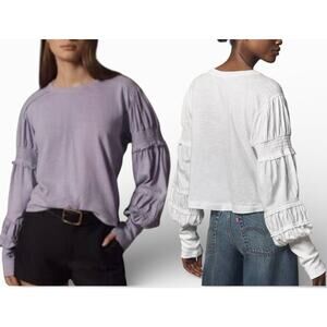 Lot of 2 Pilcro Crew-Neck Ruched & Smocked-Sleeve Top White Purple XXS